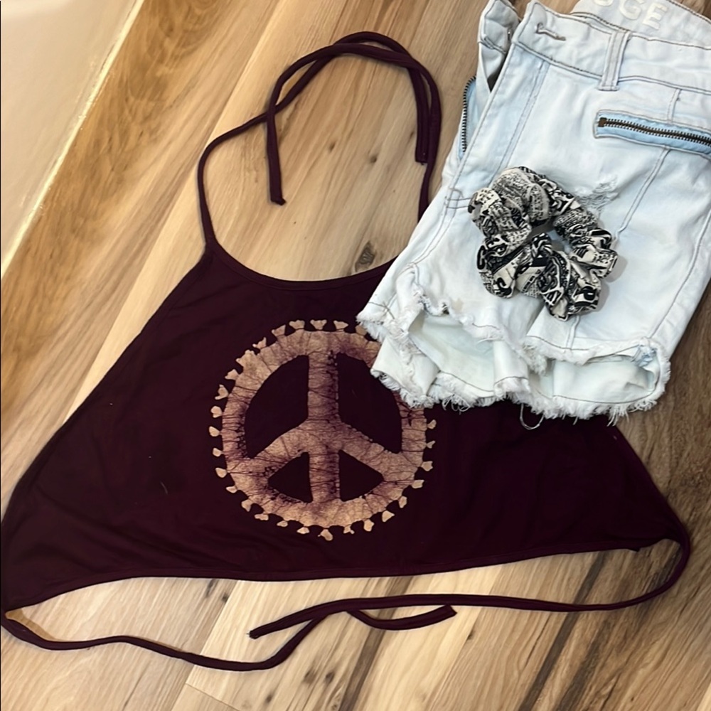 Vintage Peace Sign Burgundy Halter Top